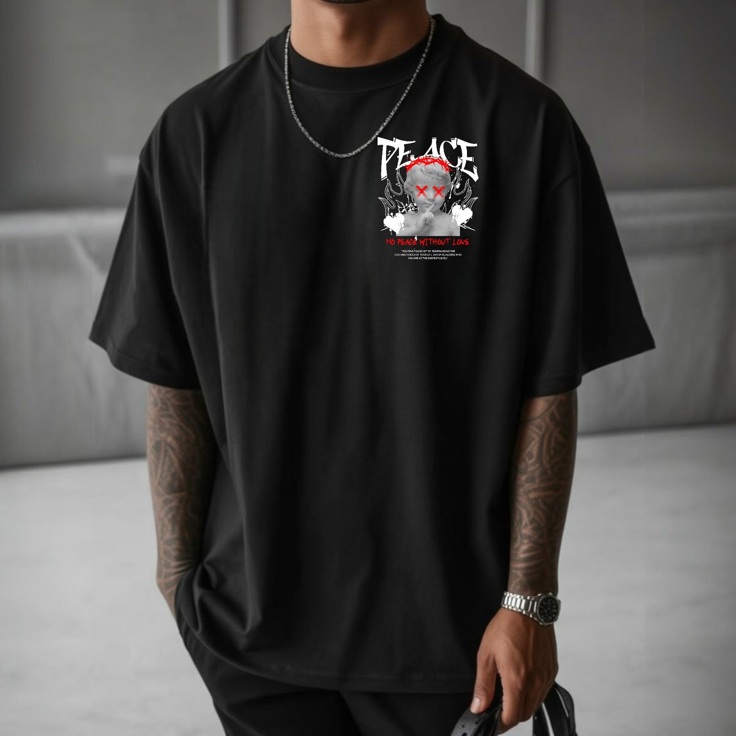 Camiseta OVERSIZE para hombre, diseño ESCULTURA NIÑO PEACE