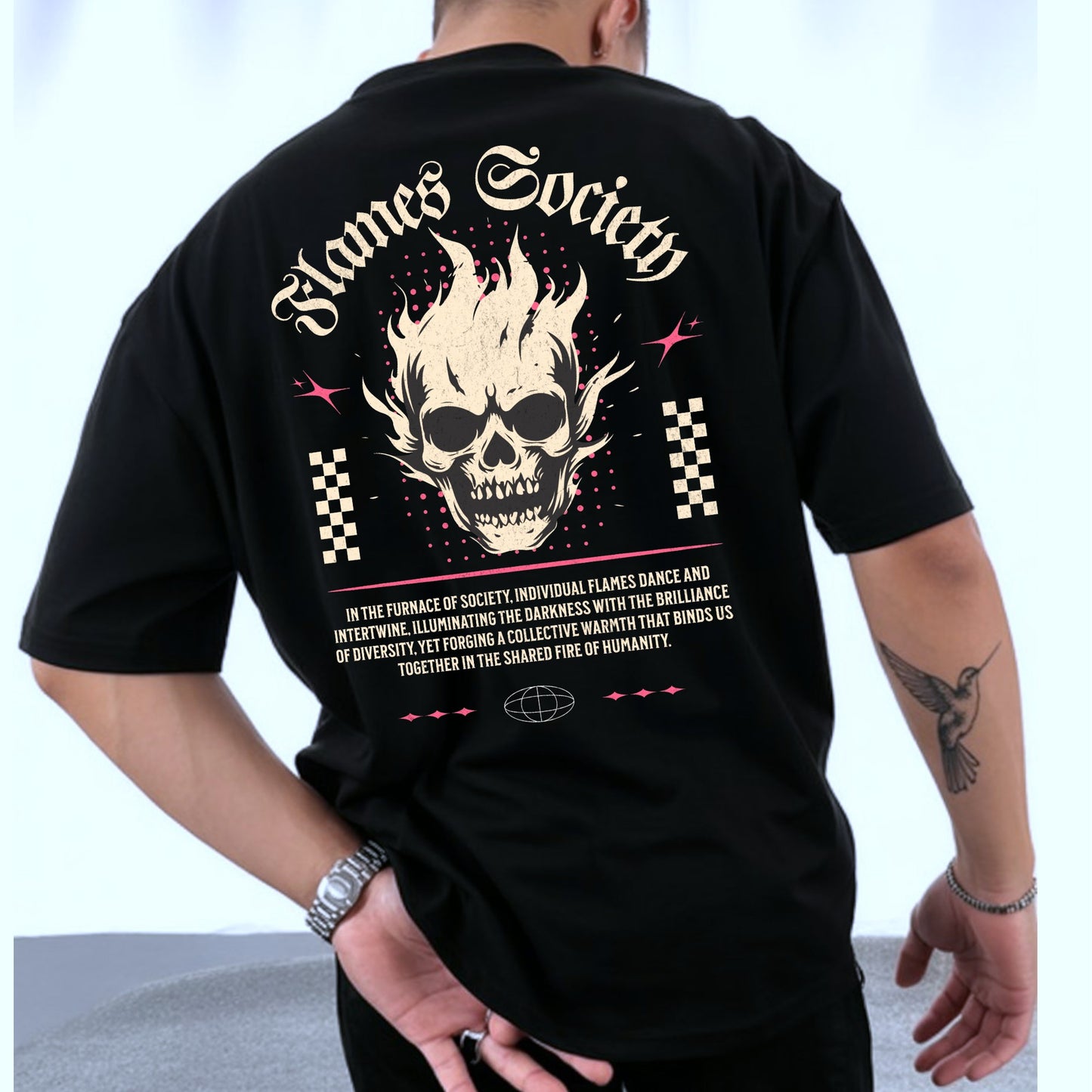 Camiseta OVERSIZE para hombre, diseño FLAMES SOCIETY