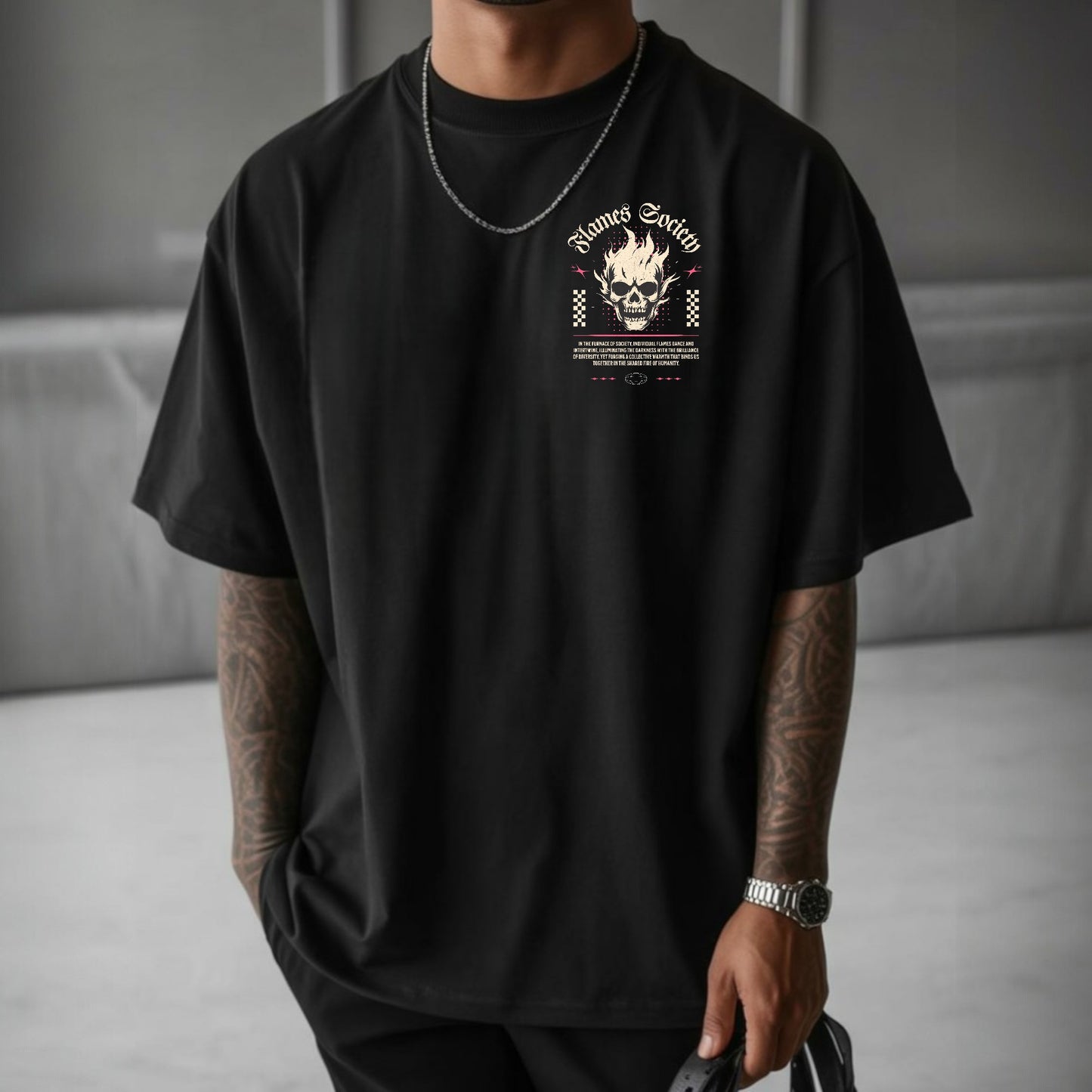 Camiseta OVERSIZE para hombre, diseño FLAMES SOCIETY